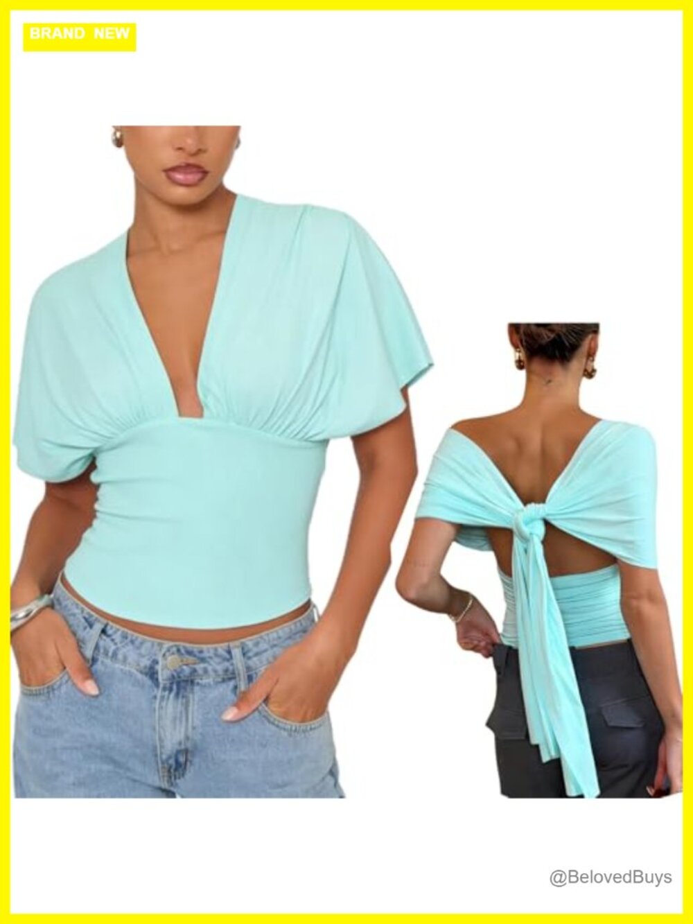 Womens Y2K Tie Back Cinched Waist Short Sleeve Crop Top
